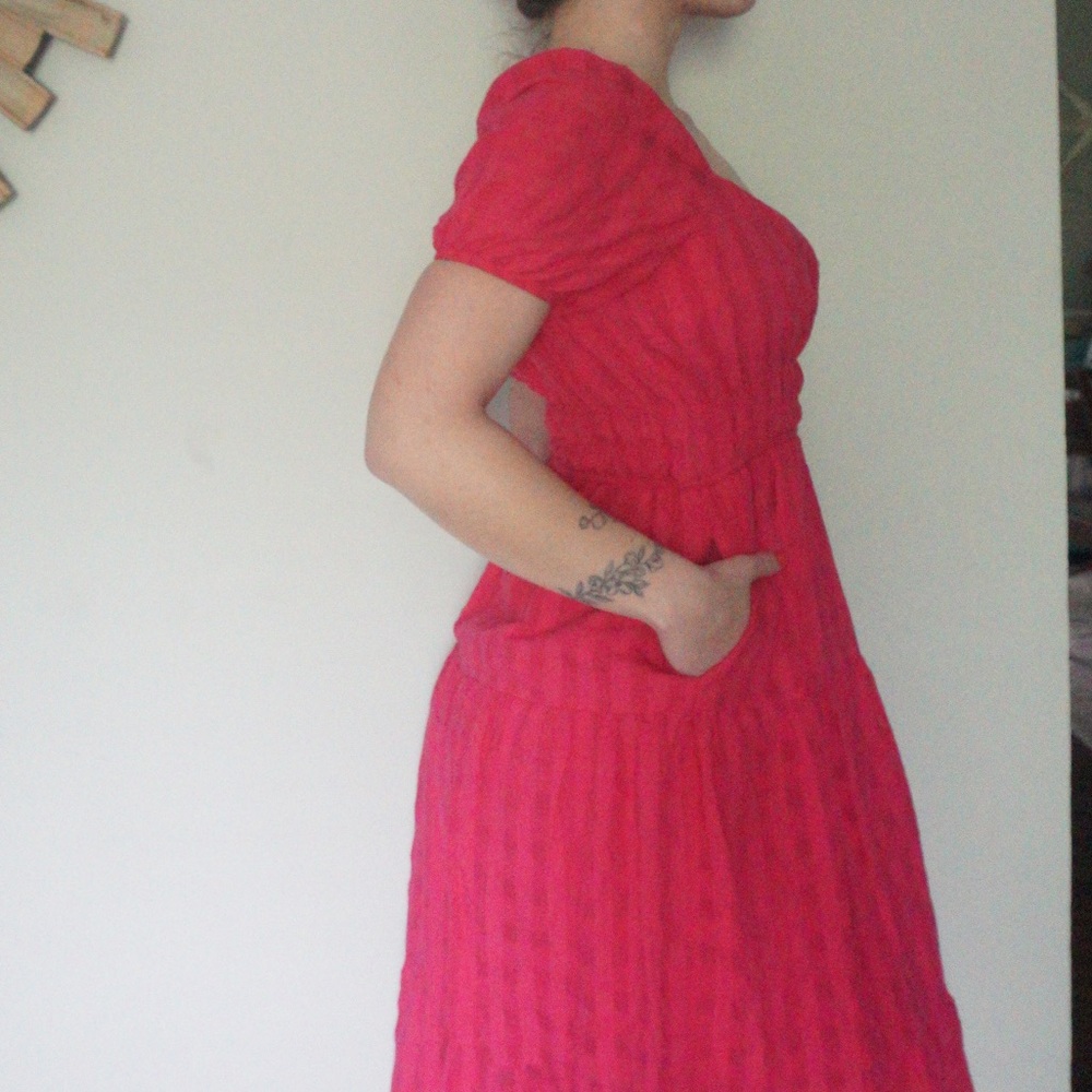 Anthropologie puff sleeve pink gingham midi summer dress petite XXS cottage core